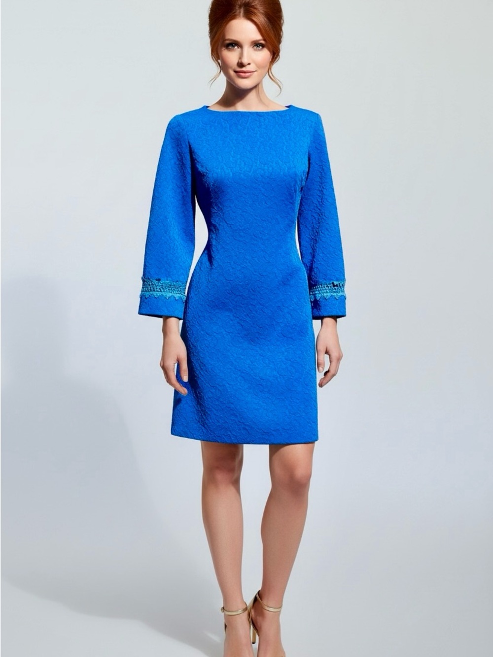 60s Mod Blue Textured Damask BELL Sleeve Wiggle Dress with Crochet trim | M